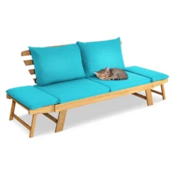 Tangkula Adjustable Patio Sofa Daybed Acacia Wood Furniture W/ Navy & Turquoise Sets Cushion -Tangkula GUEST abbb18e1 12f1 48ca 8735 3ce24a1f38fe
