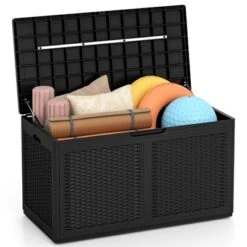 Tangkula 103 Gallon Resin Outdoor Storage Box Waterproof Deck Box W/ Lockable Lid & Wheels Brown/Black/Grey -Tangkula GUEST abc9462f c928 4d93 aea6 dff0f3469515