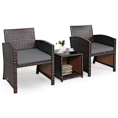 Tangkula 3 PCS Patio Rattan Furniture Set Conversation Chair Set With Soft Cushion & Coffee Table For Backyard Poolside Garden Gray 7 Tangkula 3 PCS Patio Rattan Furniture Set Conversation Chair Set With Soft Cushion & Coffee Table For Backyard Poolside Garden Gray - Image 5