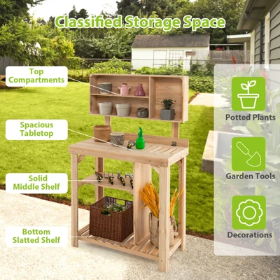 Tangkula Garden Work Bench, Wood Potting Station W/ Bottom Shelves & Top Compartments Solid Fir Wood Structure 6 Tangkula Garden Work Bench, Wood Potting Station W/ Bottom Shelves & Top Compartments Solid Fir Wood Structure - Image 4