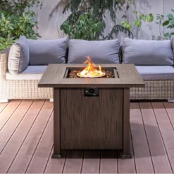 Tangkula 32" Propane Fire Pit Table 50,000 BTU Outdoor Propane Gas Fire Table With Wood-like Tabletop Lid And Lava Rocks With PVC Cover