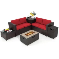 Tangkula 6 Piece Patio Sofa & Fire Table Set Outdoor Rattan Sectional Sofa Set W/ Storage Box Red -Tangkula GUEST ad674a83 a0b5 498c b73d 90ae0f6f815a