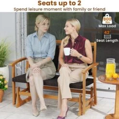 Tangkula Patio Rattan Glider Bench Swing Gliding Rocker For 2 W/ Acacia Wood Frame -Tangkula GUEST ae08af97 e4ba 4818 a90f d074eaa23958