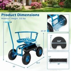 Tangkula Rolling Garden Cart Work Seat Height Adjustable Swivel Stool Cart With Removable Cushion & 2 Steering Handles -Tangkula GUEST ae260bf0 8c3a 4dba 8953 6d5275e44fea