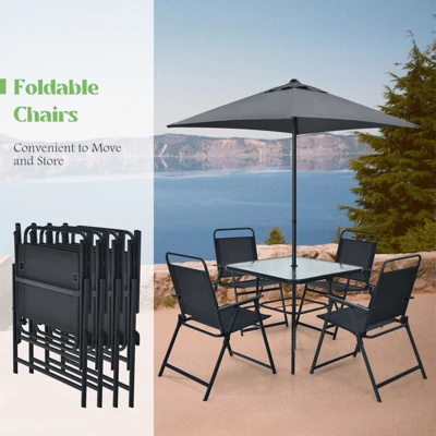 Tangkula 6-Piece Patio Dinning Sets Garden Table Set Outdoor Folding Chairs & Glass Table Set W/ Umbrella Grey 7 Tangkula 6-Piece Patio Dinning Sets Garden Table Set Outdoor Folding Chairs & Glass Table Set W/ Umbrella Grey - Image 5