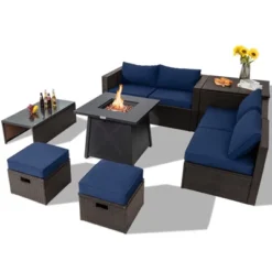 Tangkula 9PCS Outdoor Patio Furniture Set With 30" Propane Fire Pit Table PE Wicker Space-Saving Sectional Sofa Set W/ Storage Box & Cushions -Tangkula GUEST ae5dfbd6 b6f1 4575 82f5 116ff8898df7