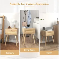 Tangkula 2 PCS Nightstand Bedside Sofa Table With Rattan Drawer For Bedroom & Living Room -Tangkula GUEST aee5a8d6 f525 4abd b512 512e3f9071eb