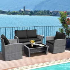 Tangkula 4PCS Patio Rattan Conversation Set Outdoor Furniture Set W/ Black Cushions -Tangkula GUEST aef22212 d2eb 4f23 ad8d ad7416f57205