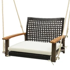 Tangkula Rattan Porch Swing Patio Wicker Single Hanging Seat W/ Seat Cushion & Acacia Wood Armrests -Tangkula GUEST af8b72d6 d6c7 4ff9 92eb 4596b27fa6d8