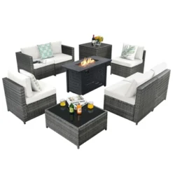 Tangkula 9 PCS Rattan Dinning Set Wicker Sofa W/Propane Gas Fire Pit 60,000 Btu Heater -Tangkula GUEST af9411d6 76ae 4fa4 af7c 1a23d13489d9