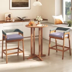 Tangkula 39" Outdoor Acacia Wood Bar Table W/ Slatted Tabletop For Garden Deck -Tangkula GUEST af989186 fc0d 48a1 8bfc f9e28787947c