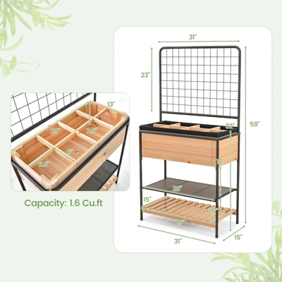 Tangkula Raised Wooden Garden Bed With Metal Trellis 59” Elevated Planter Box With Open Storage Shelves Removable Grid Divider 10 Tangkula Raised Wooden Garden Bed With Metal Trellis 59” Elevated Planter Box With Open Storage Shelves Removable Grid Divider - Image 8