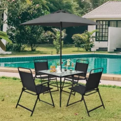 Tangkula 6-Piece Patio Dinning Sets Garden Table Set Outdoor Folding Chairs & Glass Table Set W/ Umbrella Grey 12 Tangkula 6-Piece Patio Dinning Sets Garden Table Set Outdoor Folding Chairs & Glass Table Set W/ Umbrella Grey -Tangkula GUEST b02315c3 13f1 4e69 806f eb8d9c1ef50f