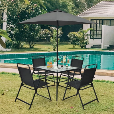 Tangkula 6-Piece Patio Dinning Sets Garden Table Set Outdoor Folding Chairs & Glass Table Set W/ Umbrella Grey 4 Tangkula 6-Piece Patio Dinning Sets Garden Table Set Outdoor Folding Chairs & Glass Table Set W/ Umbrella Grey - Image 2