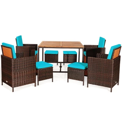 Tangkula 9 PCS Outdoor Patio Dining Set Conversation Furniture W/ Removable Cushions Turquoise 4 Tangkula 9 PCS Outdoor Patio Dining Set Conversation Furniture W/ Removable Cushions Turquoise - Image 2