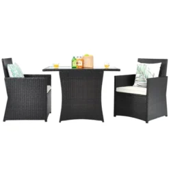 Tangkula 3PCS Patio Rattan Dining Set Space-Saving Furniture Set With Tempered Glass Top Table And Cushioned Chairs -Tangkula GUEST b124ffe0 86bb 4784 88de 336e3a1fcc64