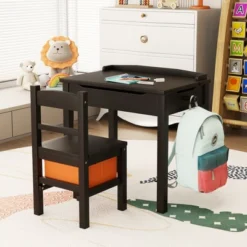 Tangkula Kids Table And Chair Set Wood Activity Study Desk W/ Storage Drawer Hook Brown -Tangkula GUEST b12a4889 1660 49f9 93b7 d8ab7310d1f6