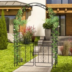 Tangkula 84" No Dig Arch Trellis Heavy-duty Metal Garden Arbor W/ Lockable Gate -Tangkula GUEST b1911bda de84 4c15 9318 f380b40bd52f