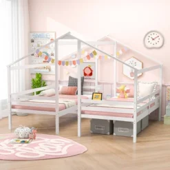 Tangkula Double Twin Size Bed Frames For Kids With Built-in Table & USB Port Guardrails -Tangkula GUEST b1da9e00 cf40 46fc a85a bf740858b4f8