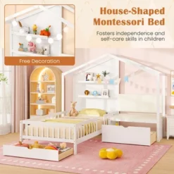Tangkula Twin Size House Bed Kids Platform Bed W/ Padded Bench & Floating Shelves -Tangkula GUEST b2ab29eb c173 465a 8597 f108744afa19