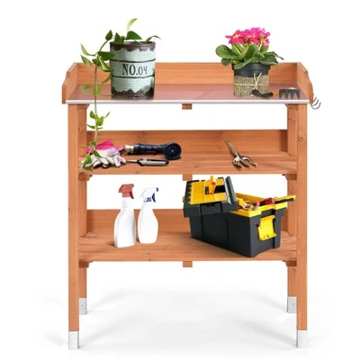 Tangkula Garden Wooden Potting Bench Work Station Table Tool W/5 Hooks Non-Slip Potting Tables Storage Shelf With Protective Footpads 4 Tangkula Garden Wooden Potting Bench Work Station Table Tool W/5 Hooks Non-Slip Potting Tables Storage Shelf With Protective Footpads - Image 2