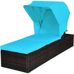 Tangkula Rattan Patio Chaise Lounge Chair W/ Adjustable Canopy Turquoise Cushion -Tangkula GUEST b3208fb6 bda5 4959 b2fb cab2d25aba92