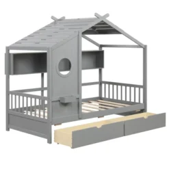 Tangkula Twin Size House Bed Kids Bed Frame W/ 2 Storage Drawers & Fence Guardrails -Tangkula GUEST b32455ab 5665 432d 92f9 b14a60d907db