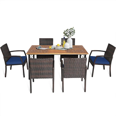 Tangkula 7- Piece Patio Dining Furniture Set Acacia Wood And Wicker Dining Table Armchairs Navy/Red/White/Turquoise 8 Tangkula 7- Piece Patio Dining Furniture Set Acacia Wood And Wicker Dining Table Armchairs Navy/Red/White/Turquoise - Image 6
