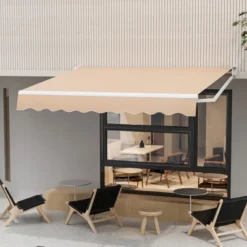 Tangkula Retractable Awning W/ Aluminum Frame Sun/Water Protection W/ PA Coating Manual Control Hand Crank Angle Adjustable Design Beige/Coffee