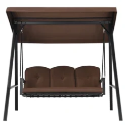 Tangkula 3-Person Patio Swing Seat Outdoor Porch Swing All Weather Hammock W/Adjustable Canopy & Cushions Brown/Gray -Tangkula GUEST b6692377 9b6b 4723 bbb1 6d9f37c5655b