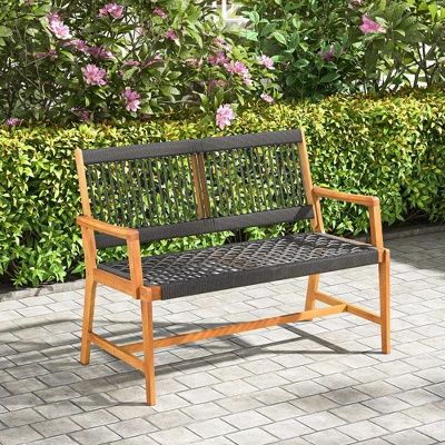 Tangkula Patio 2-Person Acacia Wood Bench All-Weather Rope Woven Outdoor Garden Natural 5 Tangkula Patio 2-Person Acacia Wood Bench All-Weather Rope Woven Outdoor Garden Natural - Image 3