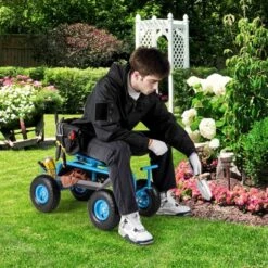 Tangkula Rolling Garden Cart Work Seat Height Adjustable Swivel Stool Cart With Removable Cushion & 2 Steering Handles