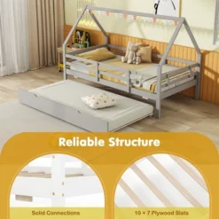 Tangkula Twin Size House Bed W/ Trundle Wooden Kids Bed W/ Safety Rails & Decorable Roof -Tangkula GUEST b7e3f11e 7c54 4a8f 8d81 6dd8933e36ce