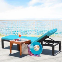 Tangkula Adjustable Rattan Patio Chaise Lounge Chair Couch W/ Turquoise Cushion -Tangkula GUEST b80e5484 42ec 46fd 979a 2e430e236590