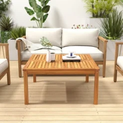 Tangkula Outdoor Coffee Table W/ Slatted Tabletop Small Outside Table Square Patio Table -Tangkula GUEST b85cca79 ee5b 4f99 826a 0ac7dc249129