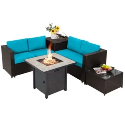 Tangkula 5-Piece Patio Furniture Set With 30 Inches Gas Fire Pit Table Outdoor PE Wicker Sectional Sofa Set With Cushions Red/Beige/Navy/Turquoise -Tangkula GUEST b9c89ecc 7f21 44f9 94f8 b4bcdf18eccd