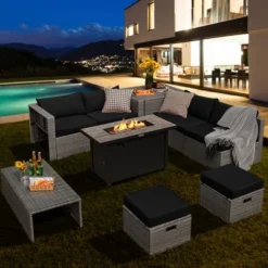Tangkula 9 PCS Patio Furniture Set With 42" 60,000 BTU Fire Pit Outdoor Space-Saving Sectional Sofa Set With Storage Box Black/Gray/Navy/Red/Turquoise/Off White