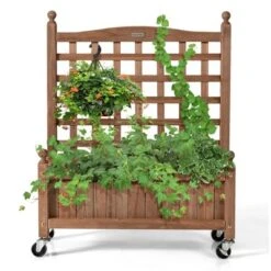 Tangkula 32in Wood Planter Box With Trellis And Wheels Mobile Plant Raised Bed For Indoor&Outdoor -Tangkula GUEST ba9b2584 4d92 4c42 903d 97017663f06c