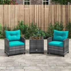 Tangkula 3 Pieces Patio Bistro Set Outdoor PE Rattan Conversation Chair Set With Tempered Glass Side Table And Removable Cushions Turquoise -Tangkula GUEST bb2a4da9 92c5 464c 95a5 9bc6b7cc3546