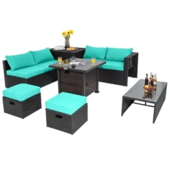 Tangkula 9PCS Furniture Set W/ 32" Fire Pit Table 50,000 BTU Square Propane Fire Pit Patio Turquoise -Tangkula GUEST bc4962f0 86f4 4ed8 852b fad231227248