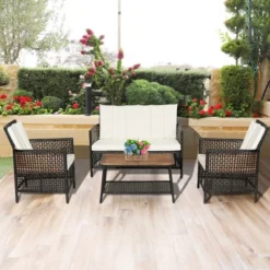Tangkula 8PCS Cushioned Patio PE Wicker Conversation Furniture Set W/ Acacia Wood Tabletop