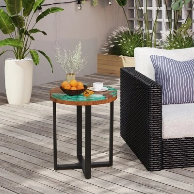Tangkula 20" Round Teak Wood End Table Solid Live Edge Outdoor Side Table W/ Mahogany Base 4 Tangkula 20" Round Teak Wood End Table Solid Live Edge Outdoor Side Table W/ Mahogany Base - Image 2