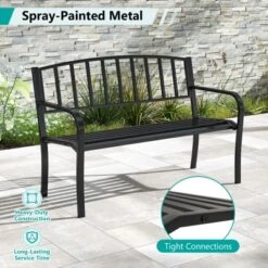 Tangkula 50 Inches Garden Bench W/ Slatted Backrest & Curved Armrests For Porch -Tangkula GUEST bdf29e3c f31f 4307 86d3 aeeda7ac1630
