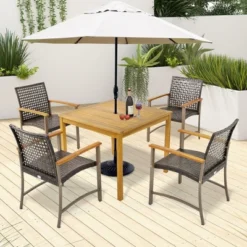 Tangkula 5 PCS Patio Dining Set Acacia Wood Table W/ 1.9" Umbrella Hole Wicker Armchairs -Tangkula GUEST be5a7e8a 194c 4465 82b9 e98a3e7294c2