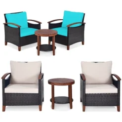 Tangkula 3PCS Patio Wicker Sofa Set Acacia Wood Frame W/ Cushion Covers Beige & Turquoise -Tangkula GUEST be84c2d2 7fdd 4086 b43d 4235fb49fe4c