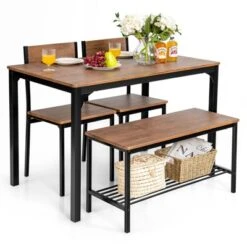 Tangkula 4PCS Dining Table Set Kitchen Table With Bench And Chairs Industrial Gathering Bench Dining Set Brown/Grey -Tangkula GUEST be85bc99 a154 4387 9305 7675c34b1cf9