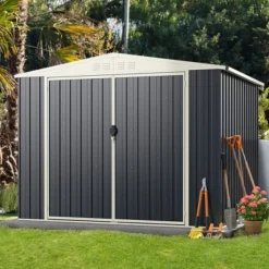 Tangkula 8 X 6.3 FT Metal Outdoor Storage Shed W/ Lockable Door Pitched Tool Shed Roof