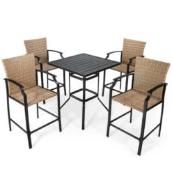 Tangkula 5PCS Patio Rattan Bar Set Wood Heavy-Duty Steel Frame Bistro Set With 4 Bar Stools For Poolside&Garden -Tangkula GUEST bf7cf6c6 da9e 4d8d 9c59 9f7646420bf5