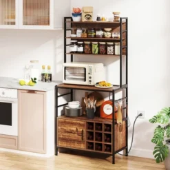 Tangkula 67" Bakers Rack W/ Power Outlet Coffee Bar Cabinet W/ S-Shaped Hooks