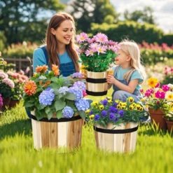 Tangkula Outdoor Wooden Planter Box Set Of 3 W/ Drainage Holes For Flower Herb Shrub